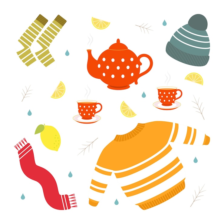 Vector vector illustration coldection of autumn icons clothes hot tea with lemon