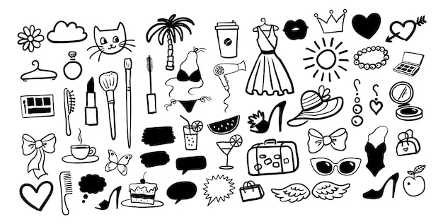 Vector illustration collection of beauty and fashion isolated doodles