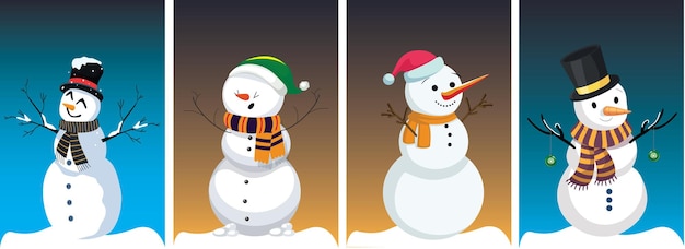 Vector illustration of a collection of cute snowman characters with christmas decorations