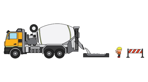 Vector vector illustration color children construction vehicle cement mixer truck and construction worker