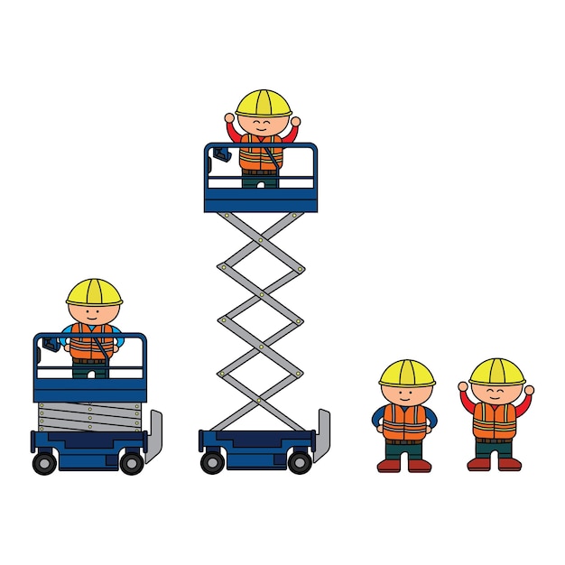 Vector illustration color children construction workers and mini scissor lift construction