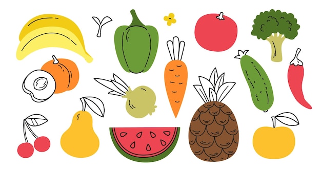 Vector illustration of colored fruits and vegetables in flat style with partial drawing. A set of vegetables and fruits. Vegetarian food.