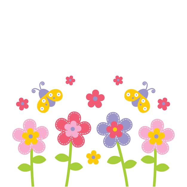 Vector vector illustration of colorful cartoon flowers and butterflies