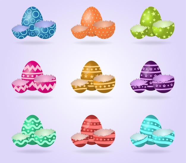 Vector illustration of colorful eggs with break egg collection on a white gradient background