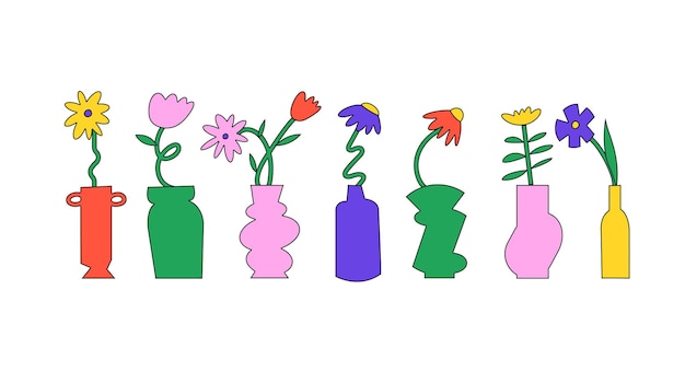 Vector illustration colorful flowers with vases Naivestyle stickers for print or social media