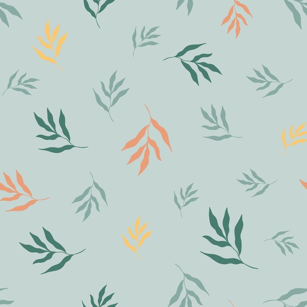 Vector illustration of colorful leaves of tropical plants forming seamless pattern on light blue background