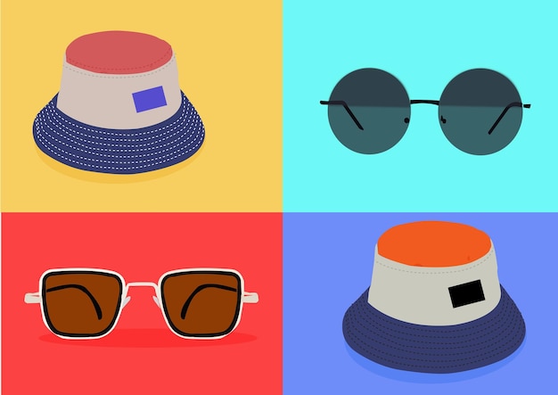 Vector illustration of colorful round hat and round and square shape sunglasses