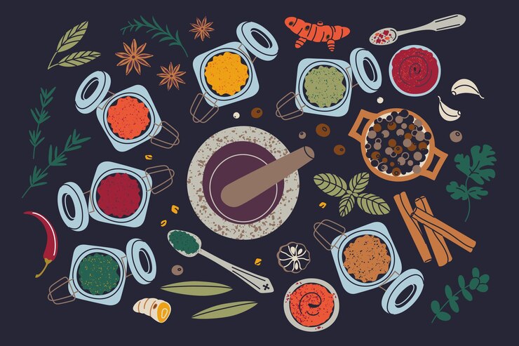 Vector vector illustration of colorful spices in glass jars with mortar and pestle poster or banner with