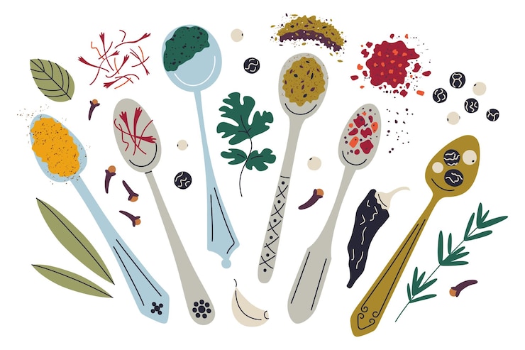 Vector vector illustration of colorful spices and herbs on spoons flat cartoon style decorative culinary