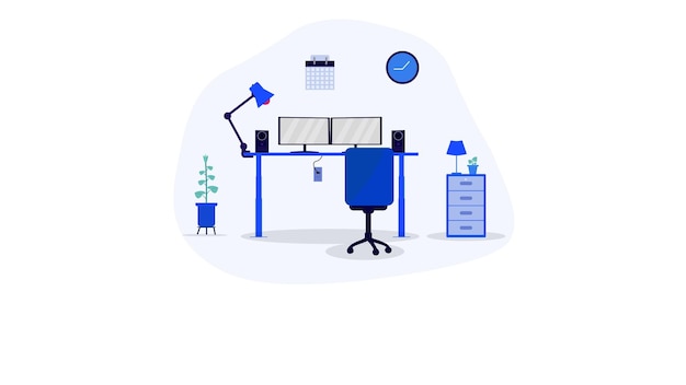 Vector vector illustration computer desk workplace cartoon business concept as clean and minimal style