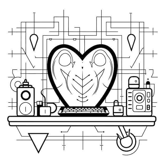 Vettore illustrazione vettoriale di un computer con un cuore sullo sfondo di una scheda a circuiti
