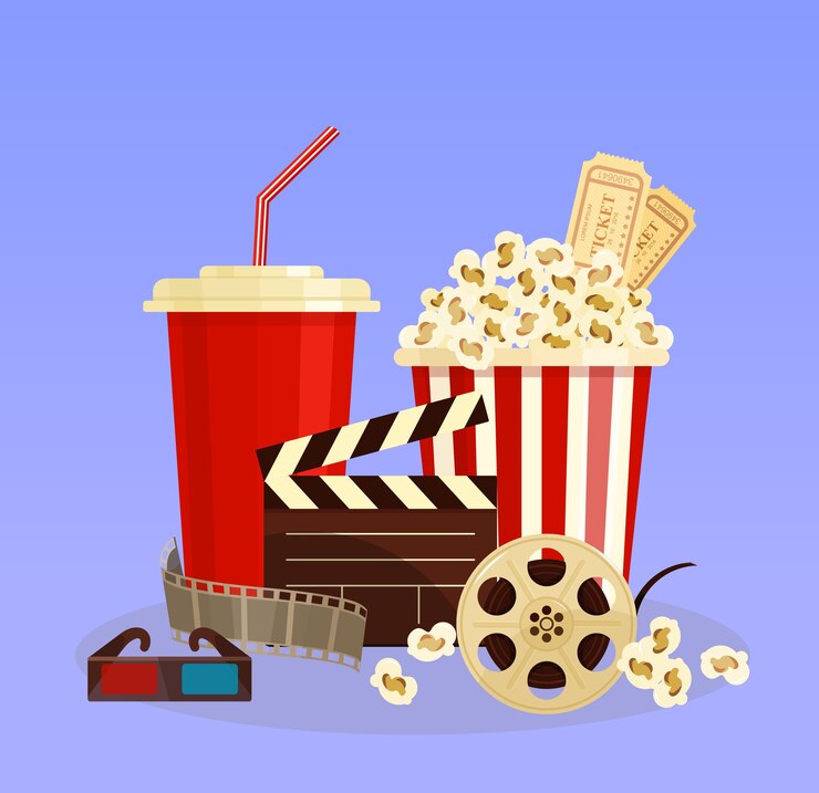 Vector vector illustration concept of cinema. popcorn, 3d glasses and film-strip cinematography
