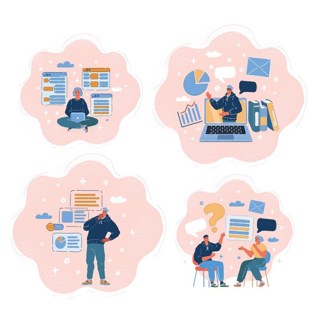 코워킹 센터의 개념 사업 회의 공유 작업 환경 컴퓨터에서 대화하고 작업하는 사람들
