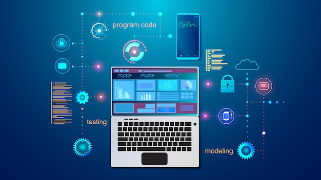 Vector illustration of the concept of developing mobile Internet applications for various platforms on the screen of a smartphone and laptop. EPS 10.