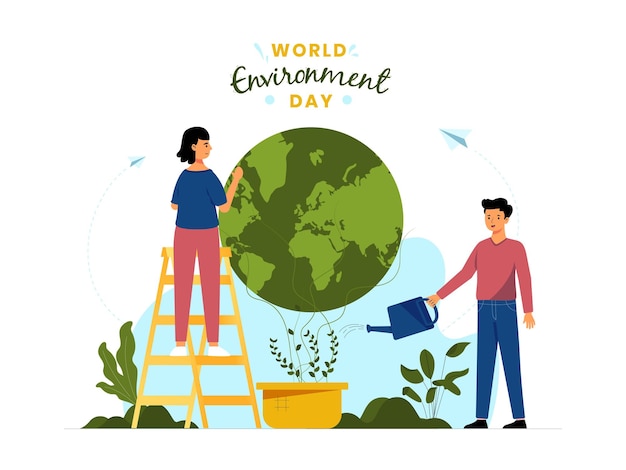 Векторная иллюстрация концепции всемирного дня окружающей среды с мужскими и женскими персонажами, работающими вместе, чтобы защитить землю и заботиться о ней