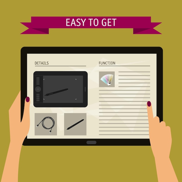 現代のデジタルタブレットを保持し、ウェブサイトで画面を指している手のベクトルイラストの概念。スローガンと明るいスタイリッシュな色の背景に分離されたフラットなデザインスタイル