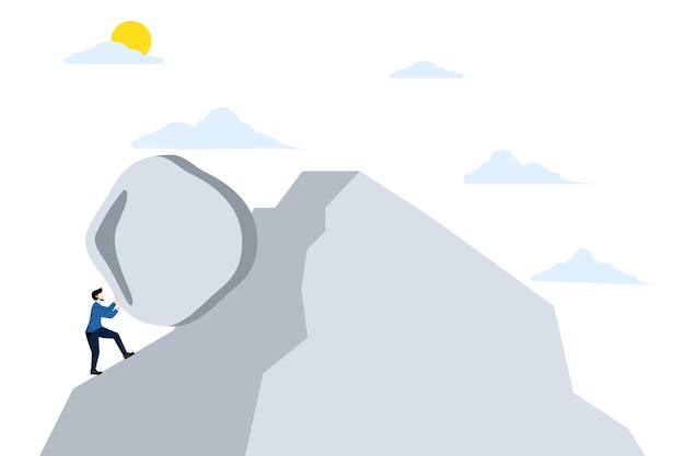 vector illustration of the concept of hard work like pushing a rock uphill