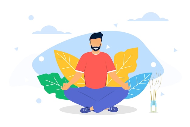 Vettore il concetto di illustrazione vettoriale della meditazione dell'uomo che pratica lo yoga all'aperto in natura