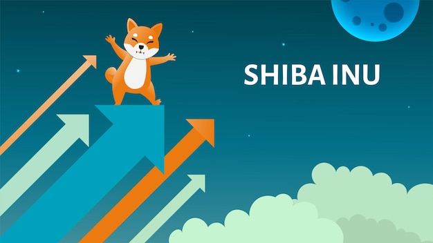 Shiba Inu 상승 추세 암호화 Shib Dog의 벡터 일러스트레이션 개념은 어두운 배경에서 달을 목표로 하고 날아갑니다.