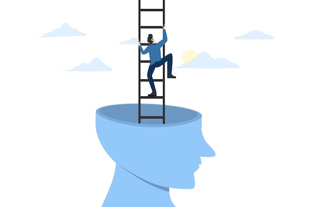 Vector illustration of the concept of overcoming limits with a man climbing a ladder from the head. 限界を克服するという概念のベクトルイラスト. 頭から階段を登る男と一緒に