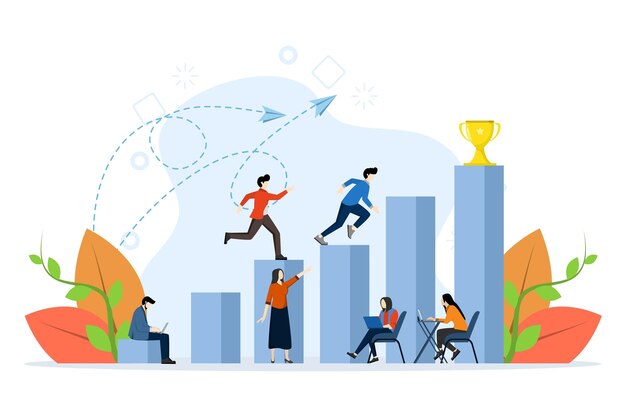 vector illustration of the concept of people running to the goal or motivation moving up