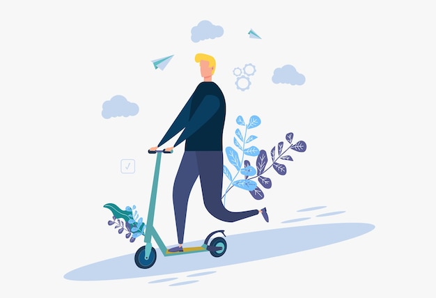 Illustrazione vettoriale concetto di metodo di promozione del marketing di riferimento metafora un uomo guida uno scooter elettrico illustrazione vettoriale colorata