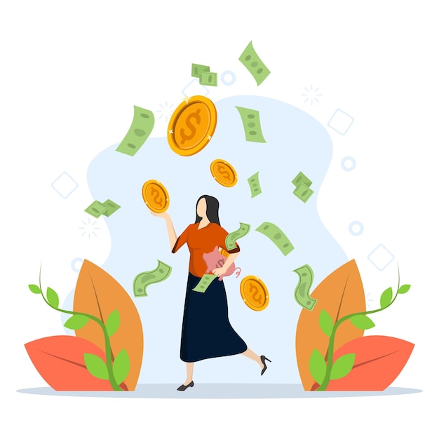 Vector vector illustration of the concept of saving money with woman holding money or piggy bank