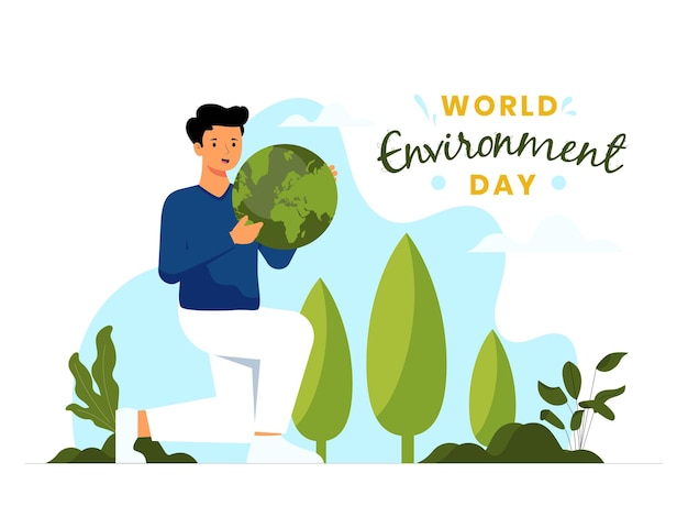 vector illustration concept for world environment day with a male character holding a globe as the symbol of protecting the environment