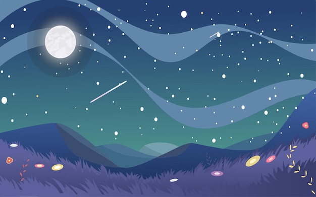 Vector vector illustration of conditions at night under the mountains