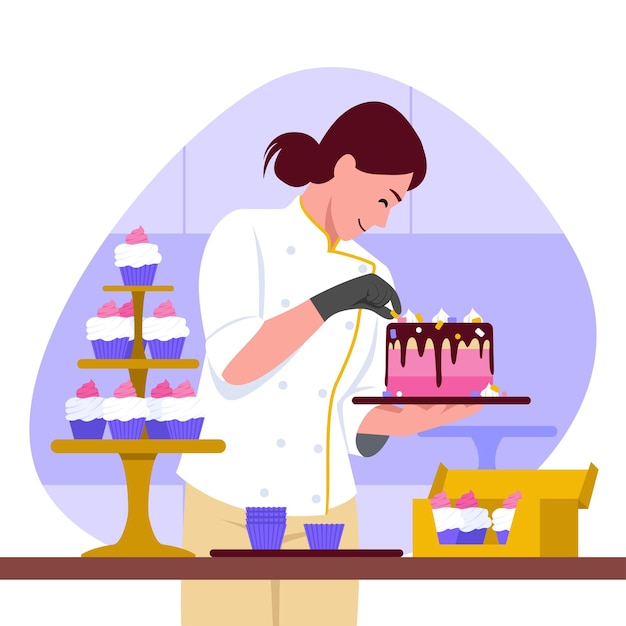 Vector vector illustration of confectioner cartoon scene with pastry chef who makes birthday cake and cupcake on white background