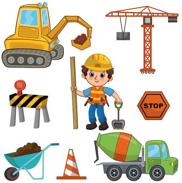 Vector illustration of a construction set Set includes little boy tools construction transports