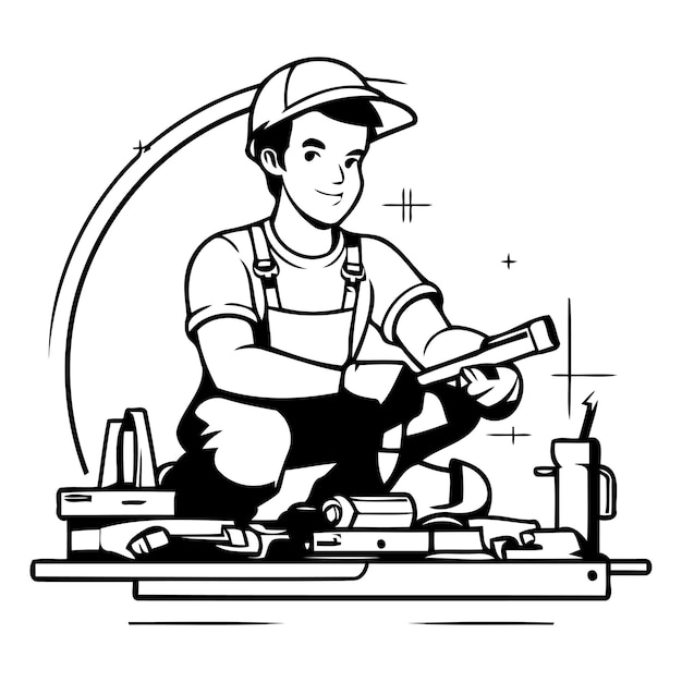 Vector illustration of a construction worker sitting on the floor with tools