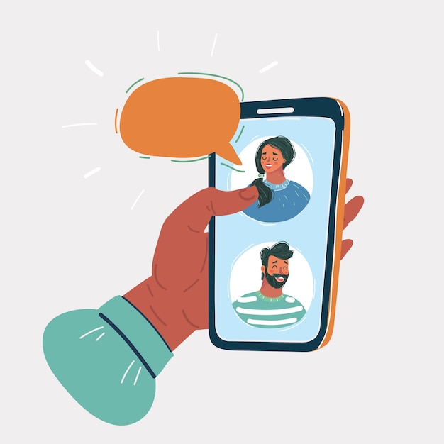 Vector illustration of conversation by smartphon man and woman chatting together in messager by phone Speech bubble above