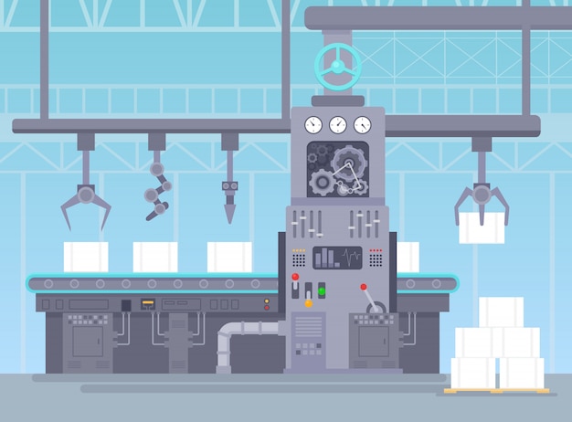 Vector illustration of conveyor in manufacturing warehouse. Factory industrial concept. Conveyor production and packing a packages on belt line in flat cartoon style.