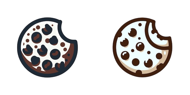 Vector vector illustration of a cookie with a bite taken out showing chocolate chips in different styles