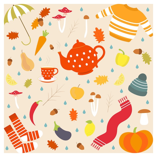 Vector illustration A cool collection of autumn icons Clothes mushrooms fruits vegetables