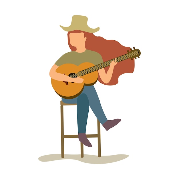 Vector vector illustration of country style female guitarist on white background