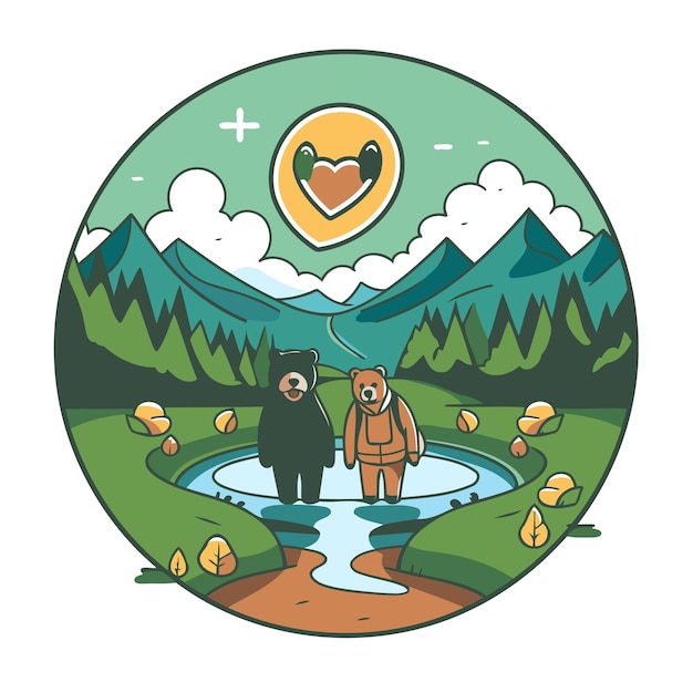 Vector vector illustration of a couple of bears in the forest and a lake