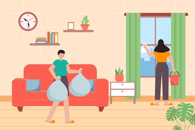 Vector illustration of a couple doing housework