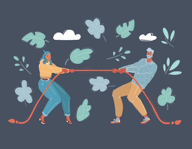 Vector illustration of couple quarrel tugofwar Man and Woman are fighting each other