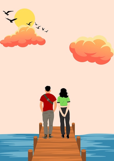 Vector Illustration of a couple walking on a wooden bridge to see the beautiful Afternoon sea view