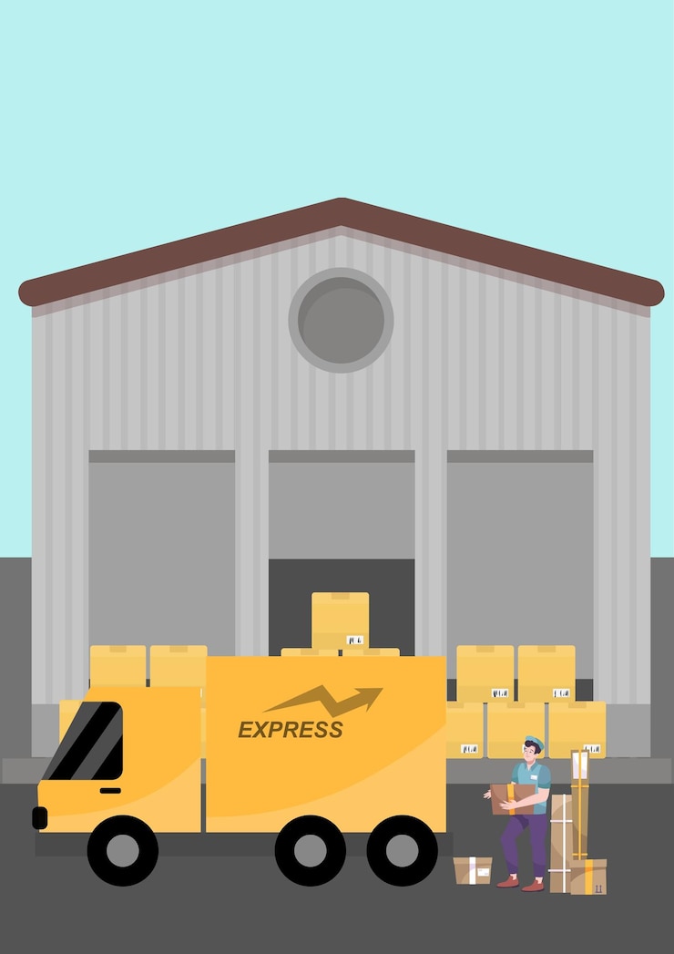 Vector vector illustration of courier with delivery truck and parcel warehouse