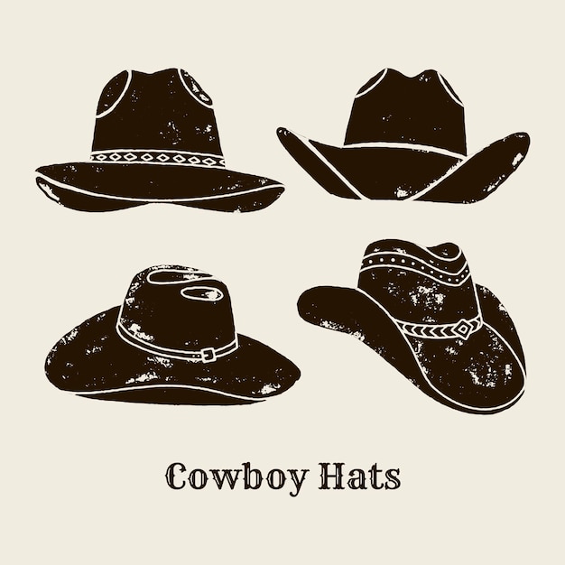 Illustrazione vettoriale di cappello da cowboy. sagoma di cappello in stile vintage, effetto grunge. elementi del selvaggio west per il design di poster, scritte, stampe t-shirt. etichetta occidentale degli stati uniti sul selvaggio west.