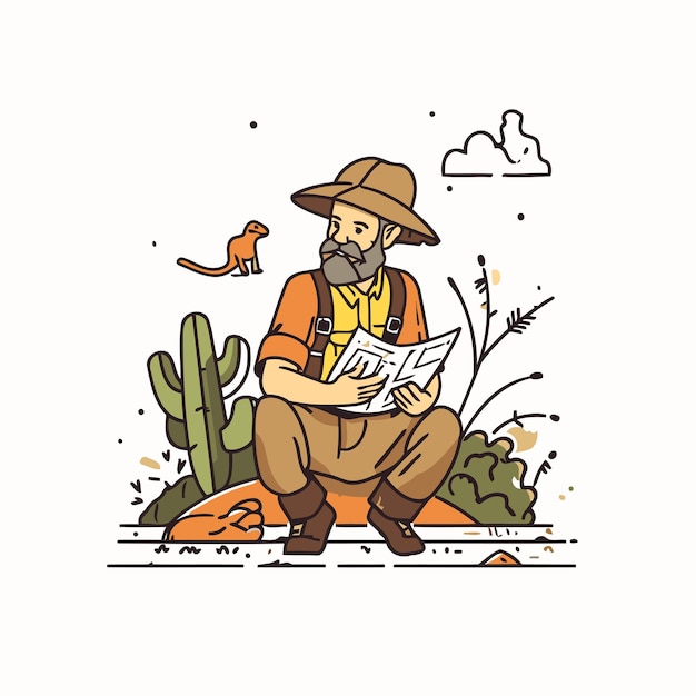Vector illustration of a cowboy sitting in the desert and reading a newspaper