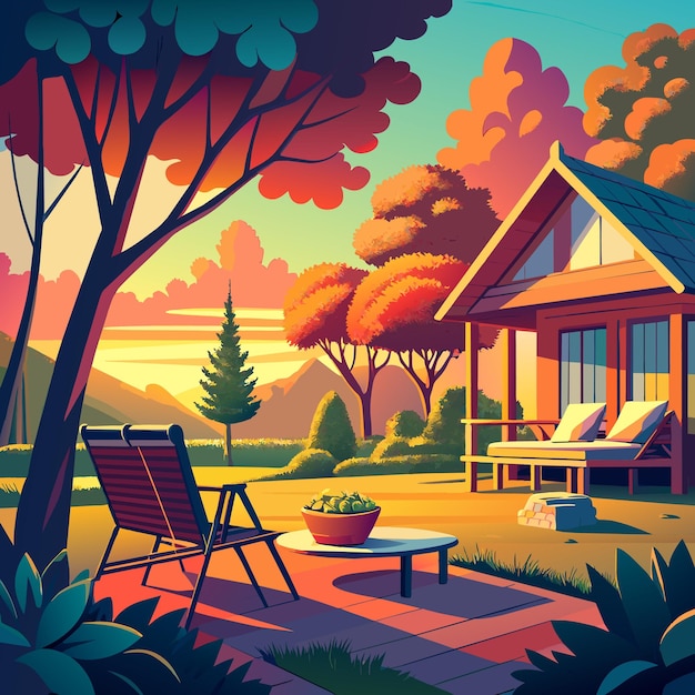 Vector vector illustration of a cozy cottage in the woods summer landscape