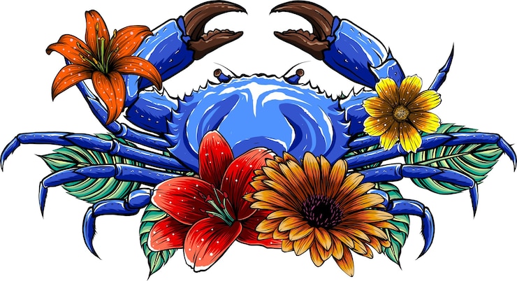Vector vector illustration of crab with flower