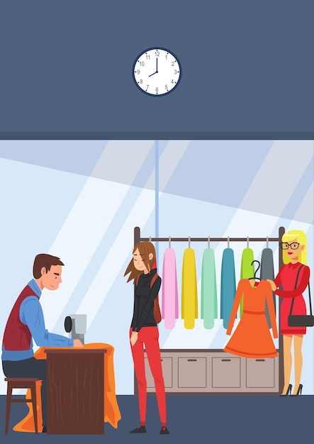 vector illustration of a craftsman sewing clothes for a girl standing in front of him