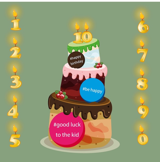 Vector vector illustration of a cream birthday cake with a set of golden candles from 0 to 9