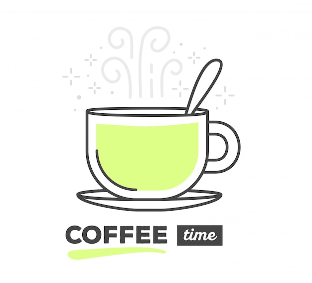 Vector illustration of creative cup of coffee with spoon with text on white background. Coffee time