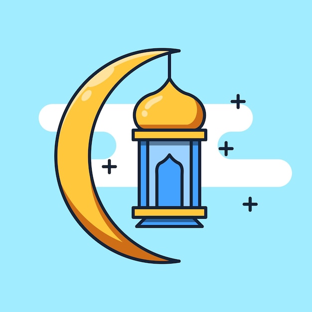 Vector illustration of crescent moon and lantern for eid mubarak Muslim icon